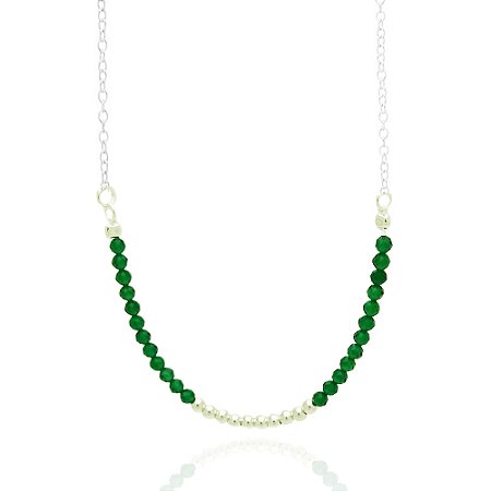Choker Miçangas Verdes E Bolinhas De Prata