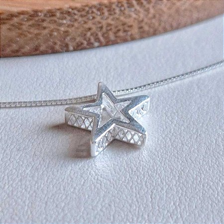 Colar De Prata Estrela Vazada Renda Italiana