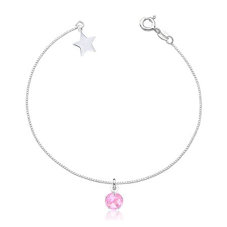Tornozeleira De Prata Zircônia Rosa e Estrela Chapinha