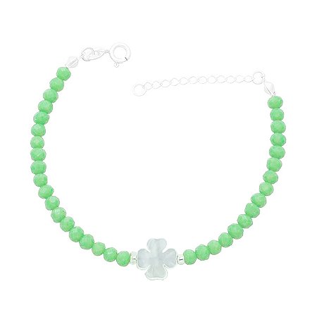 Pulseira De Prata Cristais Verdes e Trevo Madrepérola 18 cm