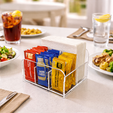 Porta Guardanapo e Sachês de Acrílico Transparente para Mesa, Balcão e Restaurante