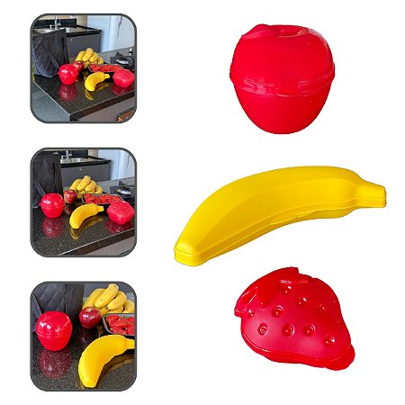 Kit 3 Porta Frutas Banana Maçã Morango BPA Free para Mochila e Lancheira