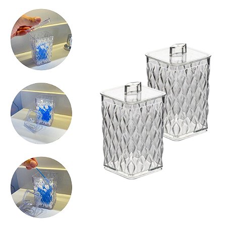 Kit 2 Porta Algodão e Cotonetes Acrílico com Tampa Organizador para Banheiro Lavabo Penteadeira Maquiagem
