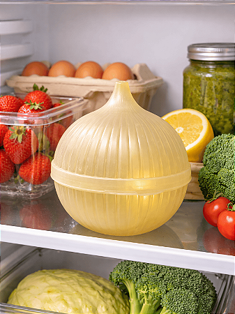 Porta Cebola de Plástico com Tampa e Formato Decorativo – Organizador para Geladeira e Cozinha