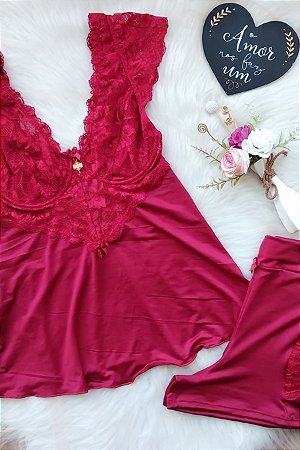 Baby Doll sem Bojo Detalhes em Renda e Short Lateral Detalhe em Renda Lateral