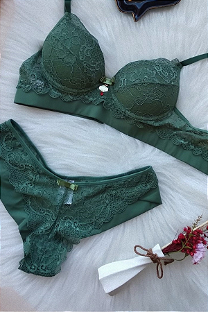 Conjunto Lingerie Renda Base Elástico com Tactel e Calcinha Fio Renda Recorte Tactel Atrás