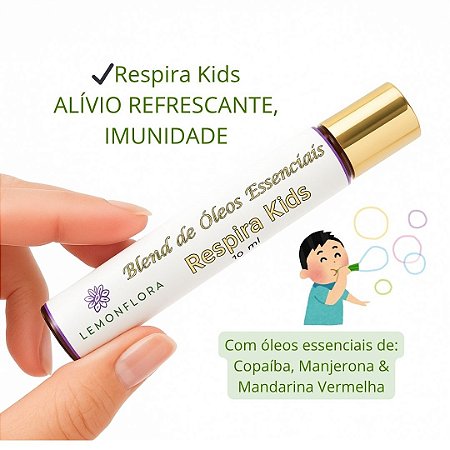 Blend Roll-On Infantil Respira Kids 10ml | Imunidade I Sinusite, Rinite, Descongestionante, Expectorante | Melaleuca, Gengibre e Limão | Lemonflora
