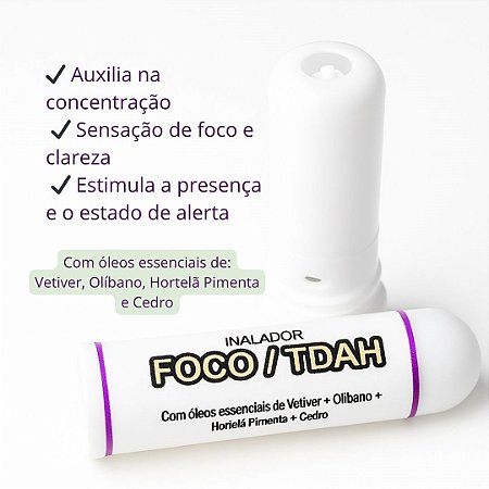 Inalador Nasal Foco TDAH  | Aromaterapia Portátil Natural | Produtividade, Clareza Mental e Concentração | Óleos Essenciais