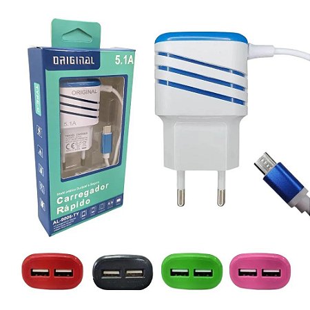 Carregador 5.1A Dual USB Micro/V8 + Cabo - ALTOMEX