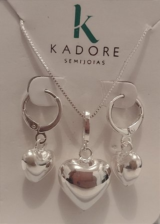 Conjunto Prata Coração Corrente e Brinco