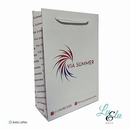 Sacola de Papel Personalizadas Branco Alças Cordão de Nylon tamanho 20X14X06cm kit com 10 unidades