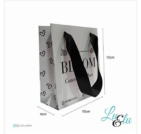 Sacola de Papel Personalizadas Branca Alças de Cetim Tamanho 12X10X04cm kit com 10 unidades