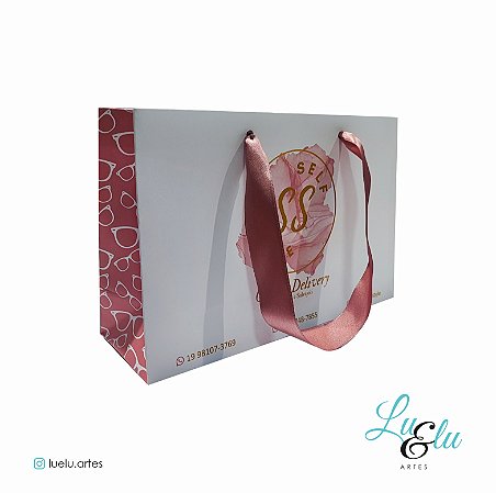 Sacola de Papel Personalizadas Branca Alças de Cetim Tamanho 14X21X07cm kit com 10 unidades