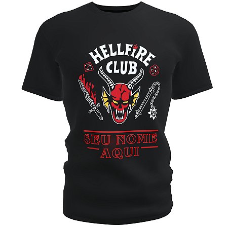 Camiseta blusa preta Infantil Stranger things club hellfire personalizada com seu nome
