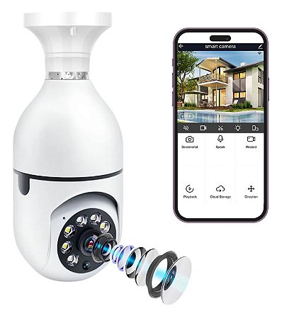 Camera Seguranca Wifi Ip Sem Fio 360 Com Encaixe Lampada Bocal Rosca App Yoosee Ptz