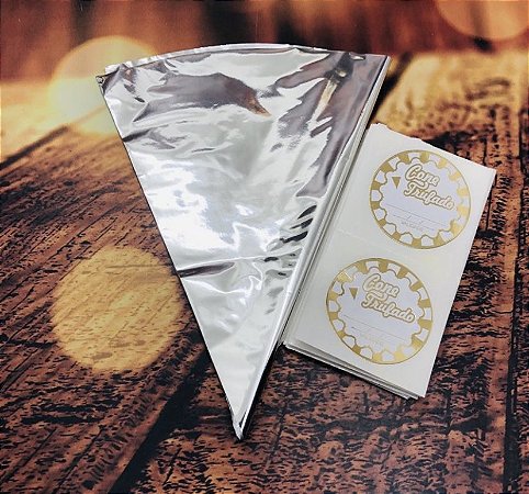 50 Embalagem Cone Truffado Prata  + 50 Etiquetas Cone (Ms)