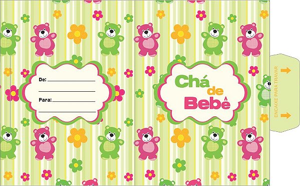 10 Convites Chá De Bebê Ursinho Rosa/Verde 14.48  (Nc Toys Convites)