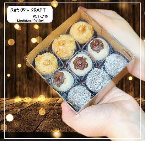 10 Caixas P/ 9 Doces Kraft 10X10X4 Tampa Acetato (Yin) P0165 ID4661