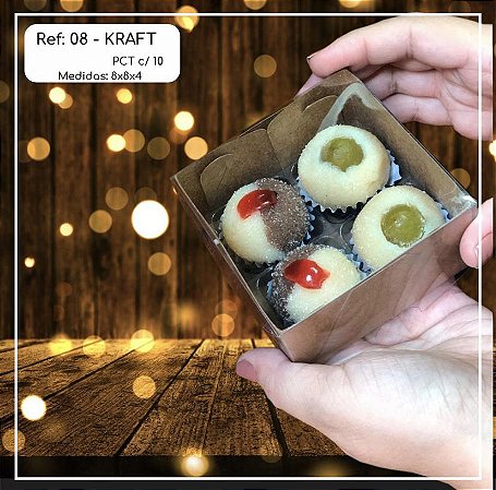 10 Caixa  4 Doces Kraft 8X8X4 Tampa Acetato (Yin) P0164 ID4658