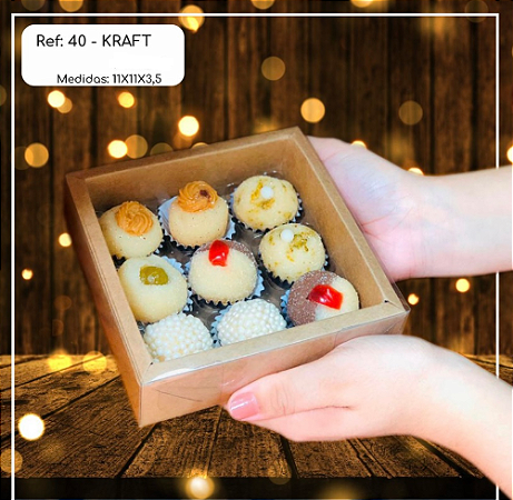 5 Caixa 9 Doces Moldura Quadrado Kraft Tampa Acetato 11X11X3.5  (Yin) P0370 ID4641