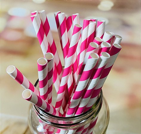 25 Canudos De Papel Biodegrádavel Vintage Listras Rosa Pink  (Ex)