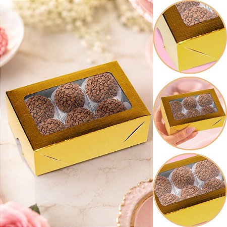 10 Caixa P/6 Doces OURO Textura com Visor PVC