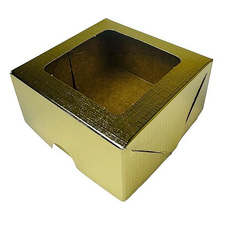 10 Caixa P/4 Doces Ouro Textura com Visor PVC  8,5x8,5x4
