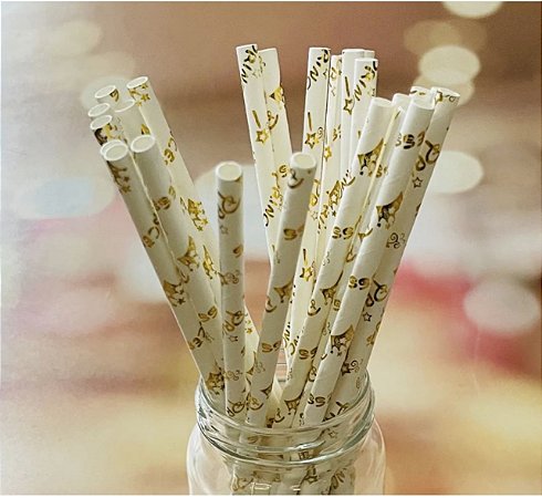 25 Canudos De Papel Biodegradável Coroa Prata príncipe  cod 14  (Ex)