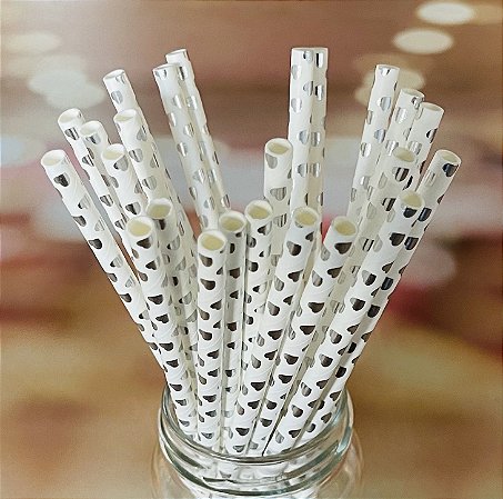 25 Canudos De Papel Biodegradável Coração Prata cod 13  (Ex)