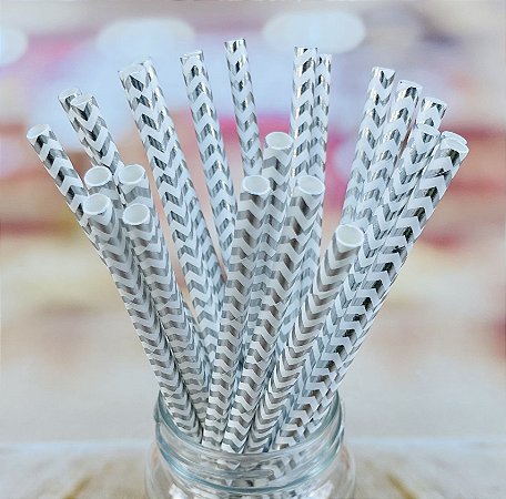25 Canudos De Papel Biodegradável Prata Chevron  cod 06 (Ex)