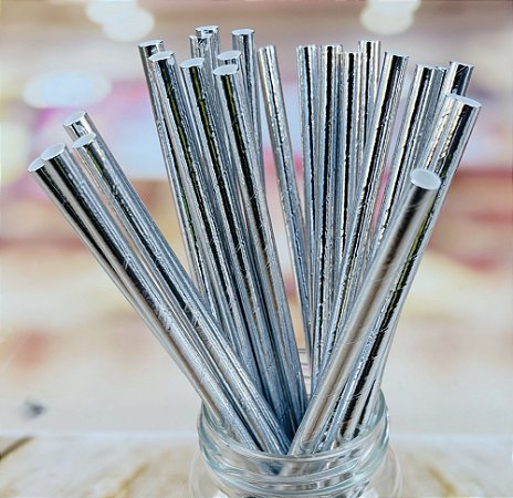 25 Canudos De Papel Biodegradável Prata Laminado cod 02  (Ex)