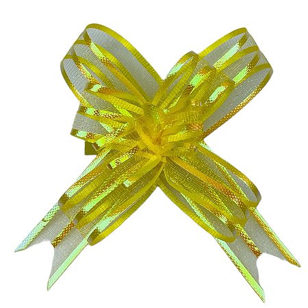 100 LAÇOS FACIL P/ PRESENTE ORGANZA HOLOGRÁFICO AMARELO 1,8 CM x 39 CM  (Ex)