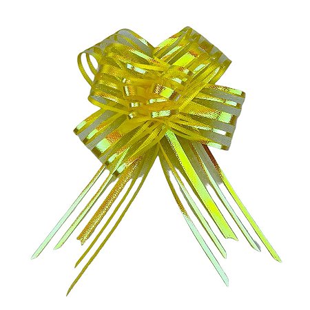 100 LAÇOS FACIL P/ PRESENTE ORGANZA HOLOGRÁFICO AMARELO GRANDE 3 CM x 47 CM (Ex)