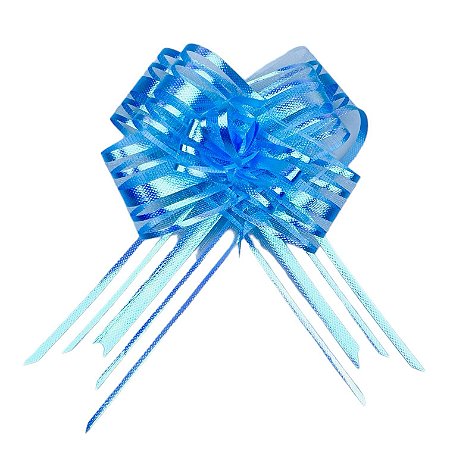 100 LAÇOS FACIL P/ PRESENTE ORGANZA HOLOGRÁFICO AZUL CLARO GRANDE 3 CM x 47 CM (Ex)