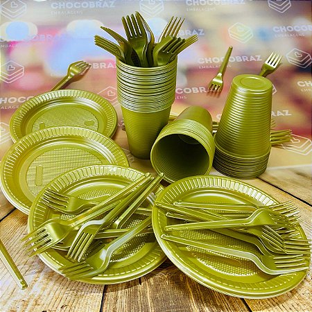 Kit Festa 50 PESSOAS DESCARTAVEIS DOURADO PEROLADO GARFO + PRATO + COPO
