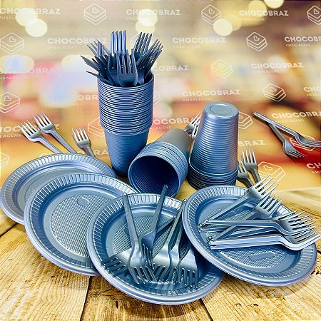 Kit Festa 50 PESSOAS DESCARTAVEIS PRATA PEROLADO GARFO + PRATO + COPO