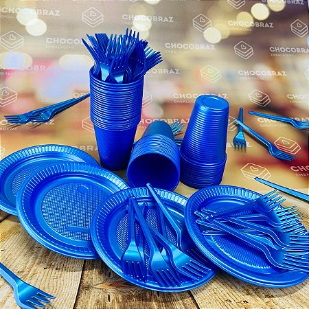 Kit Festa 50 PESSOAS DESCARTAVEIS AZUL PEROLADO GARFO + PRATO + COPO