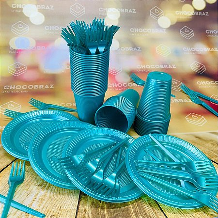 Kit Festa 50 PESSOAS DESCARTAVEIS VERDE PEROLADO GARFO + PRATO + COPO