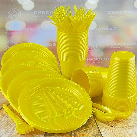 Kit Festa 50 PESSOAS DESCARTAVEIS AMARELO PEROLADO GARFO + PRATO + COPO
