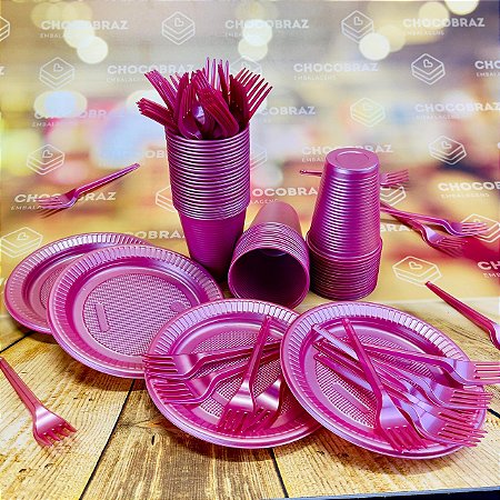 Kit Festa 50 PESSOAS DESCARTAVEIS ROSA PEROLADO GARFO + PRATO + COPO