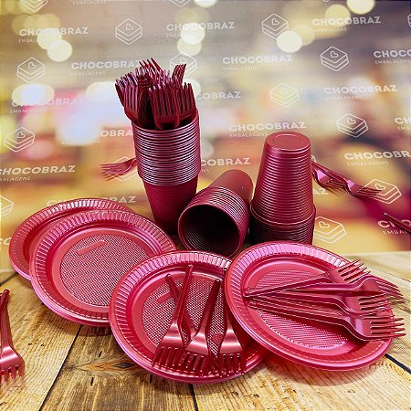 Kit Festa 50 PESSOAS DESCARTAVEIS VERMELHO PEROLADO GARFO + PRATO + COPO