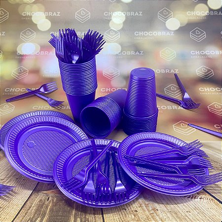 Kit Festa 50 PESSOAS DESCARTAVEIS ROXO PEROLADO GARFO + PRATO + COPO