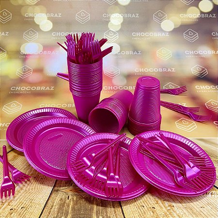 Kit Festa 50 PESSOAS DESCARTAVEIS FUCSIA PEROLADO GARFO + PRATO + COPO