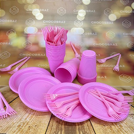 Kit Festa 50 PESSOAS DESCARTAVEIS ROSA CANDY COLORS GARFO + PRATO + COPO