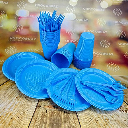 Kit Festa 50 PESSOAS DESCARTAVEIS AZUL CLARO CANDY COLORS GARFO + PRATO + COPO