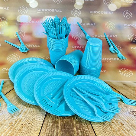 Kit Festa 50 PESSOAS DESCARTAVEIS AZUL TIFFANY GARFO + PRATO + COPO