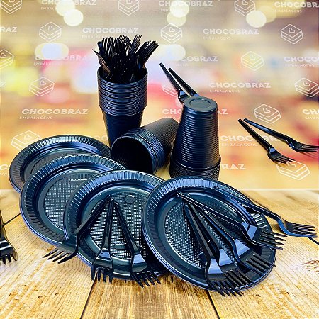 Kit Festa 50 PESSOAS DESCARTAVEIS PRETO GARFO + PRATO + COPO