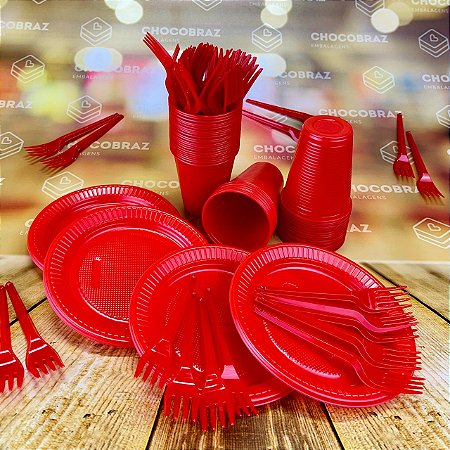 Kit Festa 50 PESSOAS DESCARTAVEIS VERMELHO GARFO + PRATO + COPO