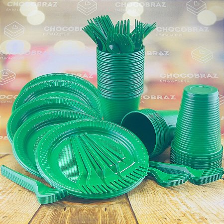 Kit Festa 50 PESSOAS DESCARTAVEIS VERDE GARFO + PRATO + COPO