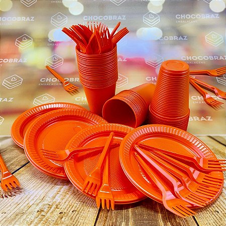 Kit Festa 50 PESSOAS DESCARTAVEIS LARANJA GARFO + PRATO + COPO